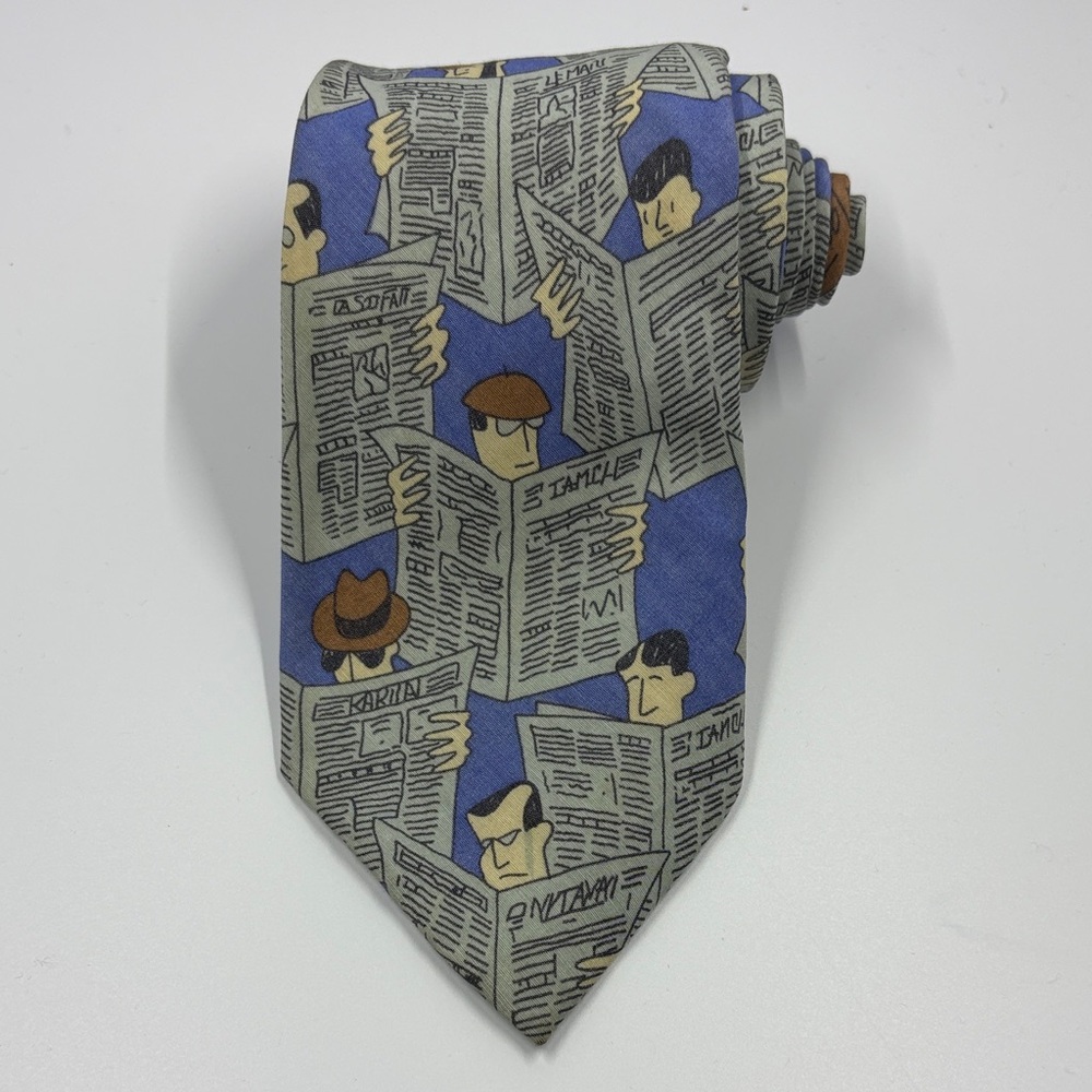 Claude Montana Silk Cotton Necktie‎ Men’s Tie Blue Newpaper Novelty Print